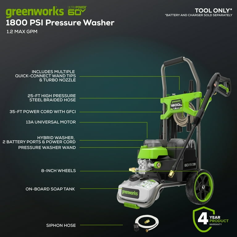 エゴスキュー　タワー Greenworks 60V 1800PSI Hybrid Electric Pressure Washer with AC