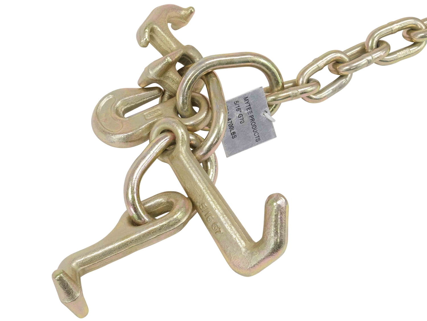 5/16"x6' Leg G70 8" Long Shank J Hook Tow Chain w/ RTJ Cluster Hook & Grab Hook - 4700 lbs WLL Heavy Duty Transport Truck Chain for Car Wrecker Recovery - Towing Equipment