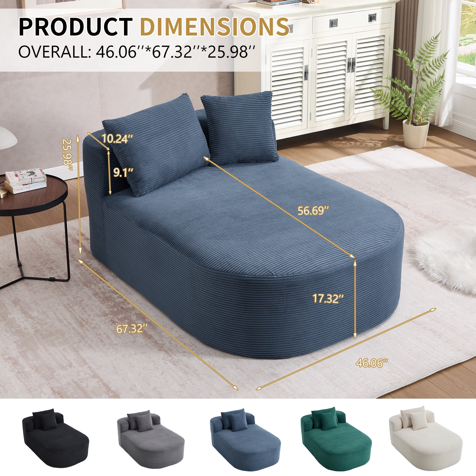 Leumius 68" Chaise Lounge Chair Indoor,Oversized Corduroy Upholstered Boneless Sofa Bed,Deep Seat Sleeper Couch Reading Chairs,Comfy Cloud Sofas Couches for Living Room,No Assembly Required,Blue