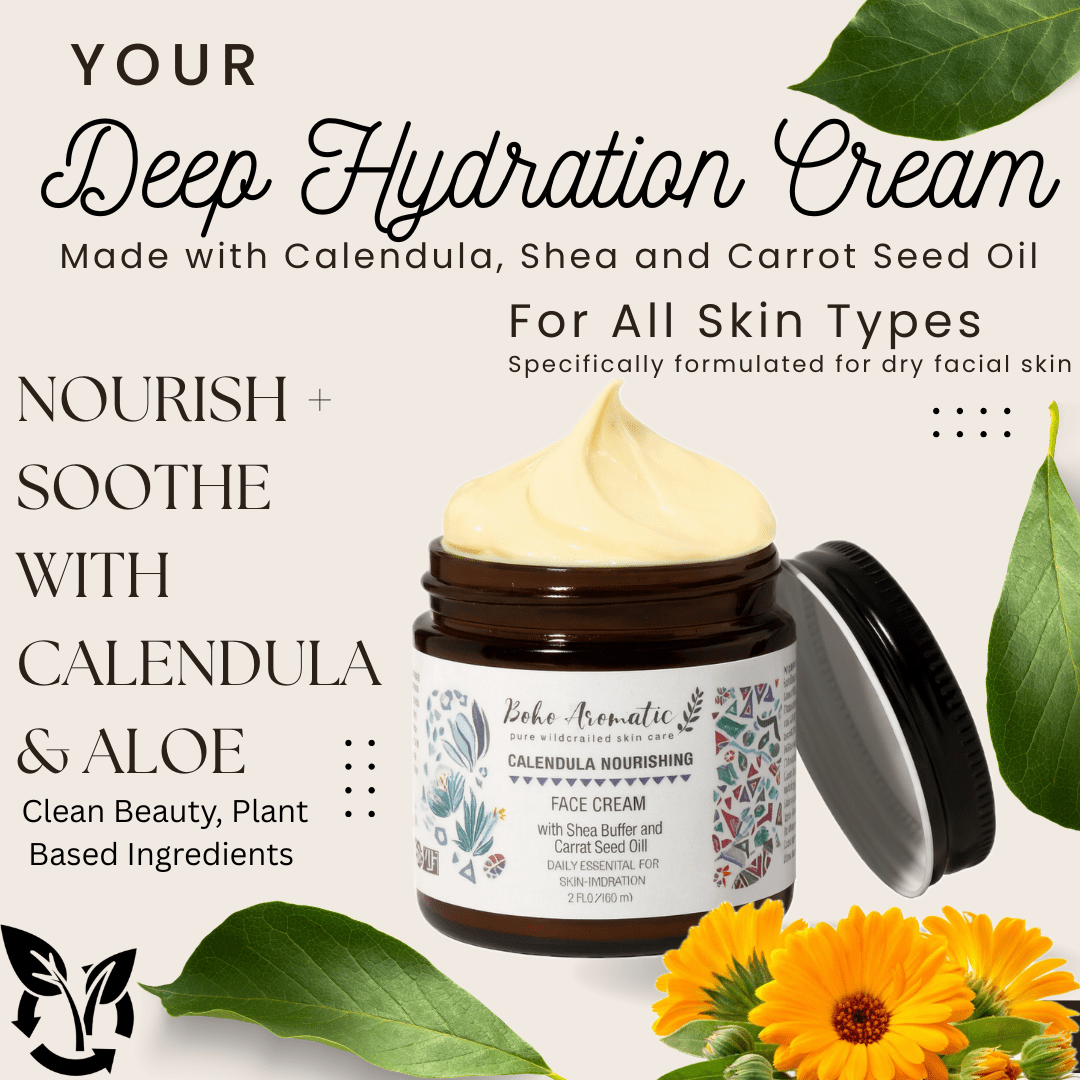 Boho Calendula Face Cream - Hydrating Moisturizer for Dry Skin, Vegan & Organic, 1.7 fl oz Glass Jar