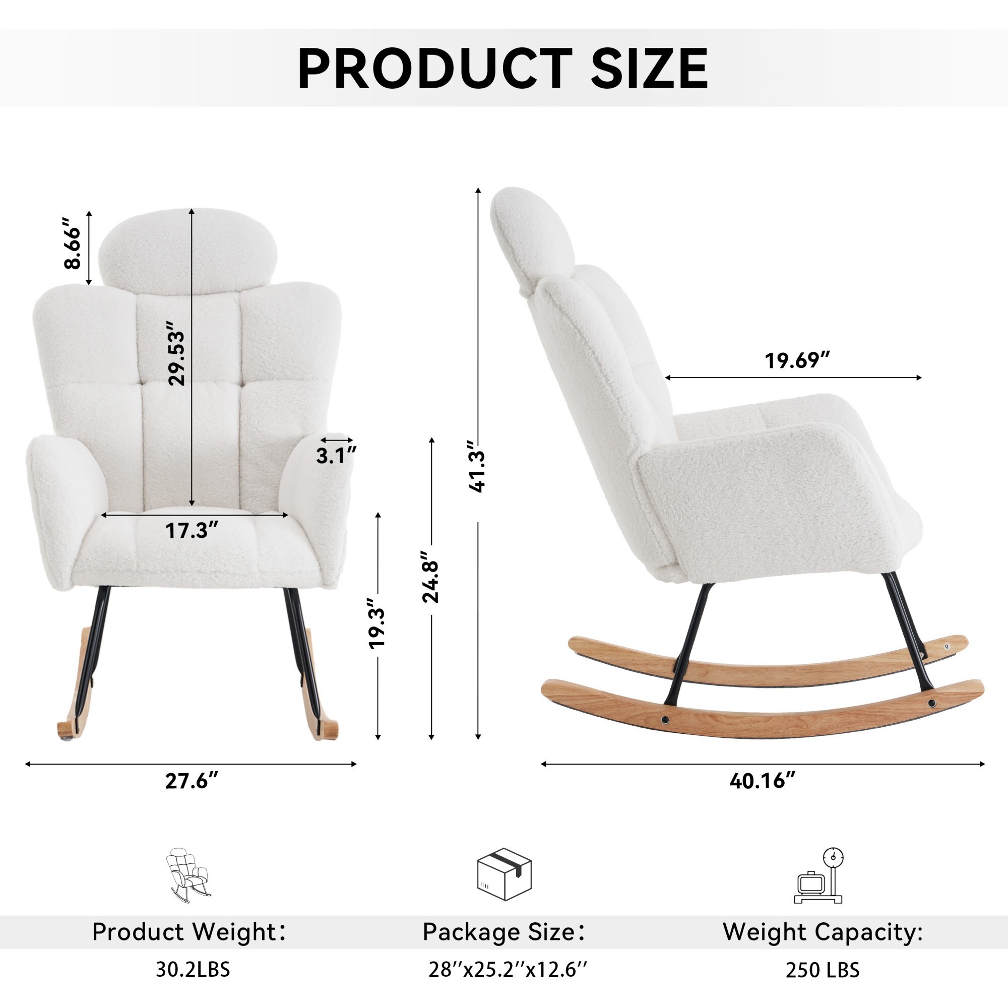 AENKYO Teddy Upholstered Rocking Chair with High Backrest, Accent Lounge Chair for Living Room & Nursery, White