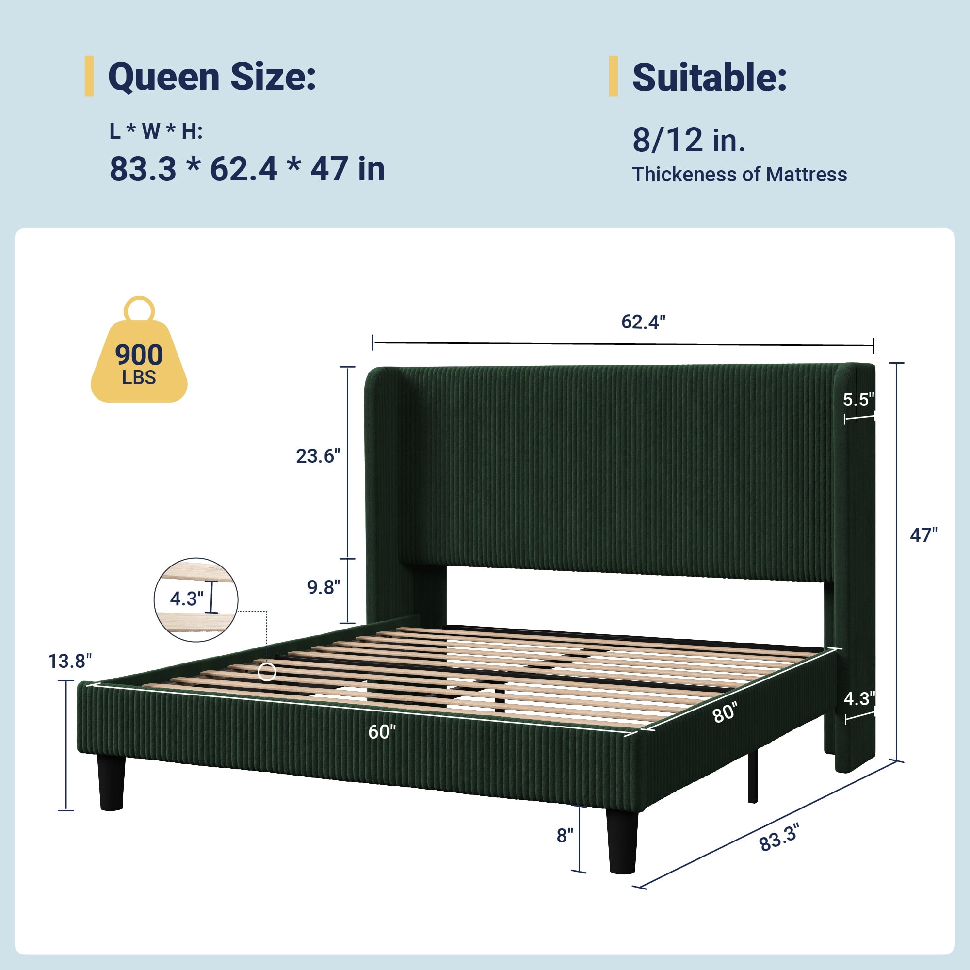 Allewie Queen Size Corduroy Upholstered Platform Bed Frame with Vertical Channel Tufted Wingback Headboard, 8" Under Bed Storage, Wooden Slats and Metal Frame Support, No Box Spring Needed, Green