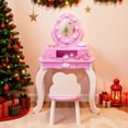 thumbnail image 2 of SESSLIFE Vanity Sets with LED Lights, Vanity Play Set with a Drawer, Dressing Table Dresser Wooden Toy Makeup Vanity Table & Stool, Pink, 2 of 6