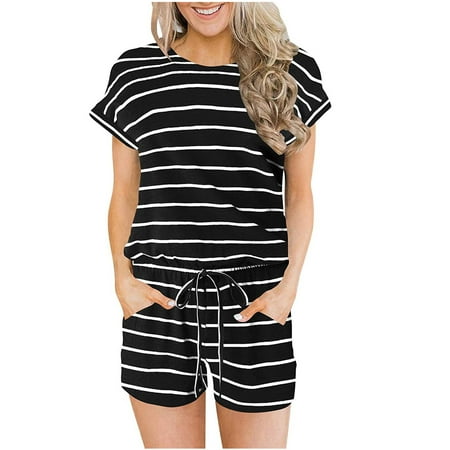 

Women s Summer Crewneck Casual Loose Short Sleeve Jumpsuit Rompers One Piece Pajamas Loungewear with Pockets