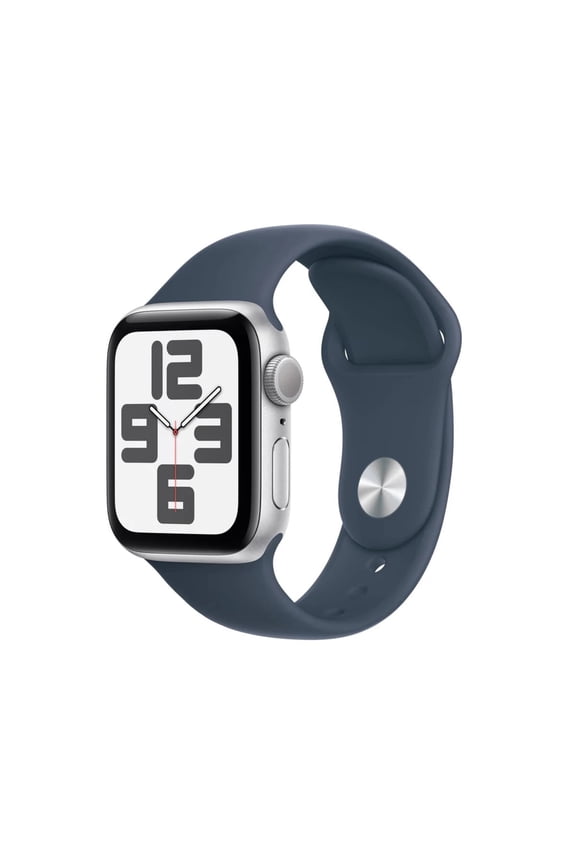 Pre-Owned Apple Watch SE (2nd Gen) [GPS 44mm] Smartwatch with Aluminum Case and Storm Blue Sport Band - M/L. Fitness & Sleep Tracker, Crash Detection, Heart Rate Monitor - Silver