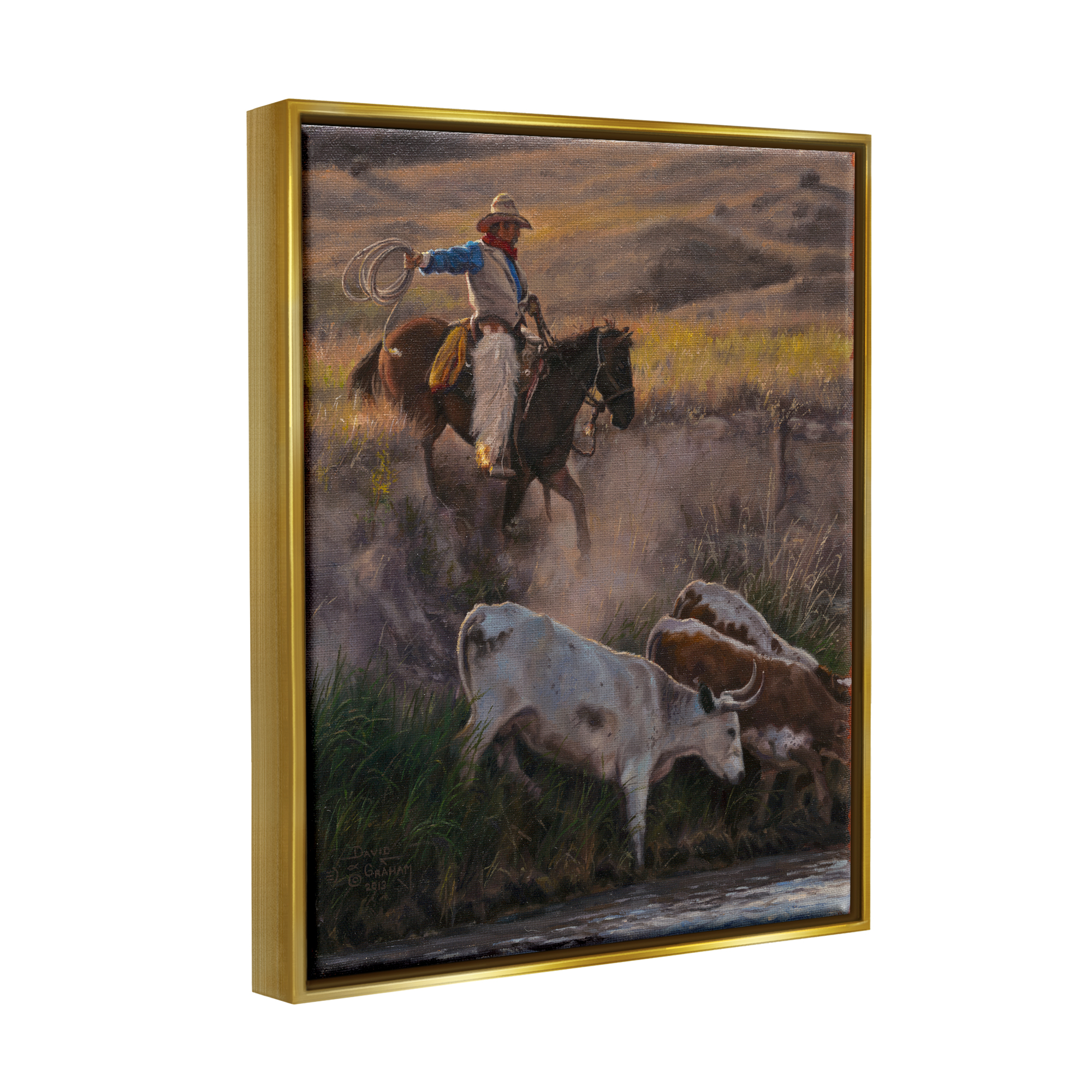 Stupell Industries Cowboy Rounding Up Cattle Lasso Animals & Insects Painting Gold Floater Framed Art Print Wall Art