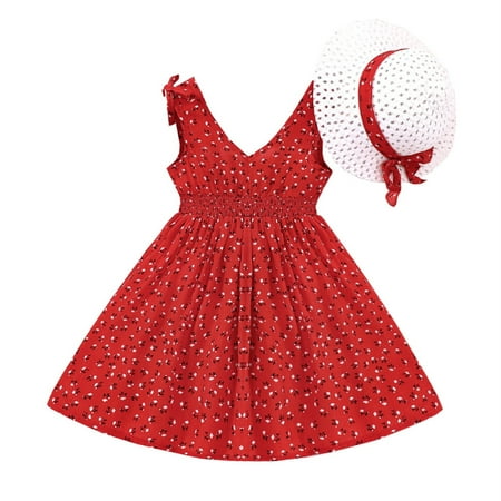 

Sngxgn Girls Casual Summer Floral Sleeveless Sundress Holiday Cami DressShort Summer Dress Red 4-5 Years