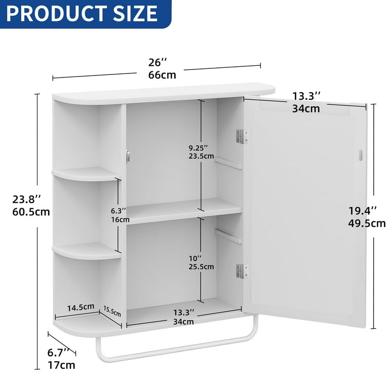 Dextrus 26 inch Bathroom Cabinet with Mirror Door, Wall Mounted Medicine Cabinet Organizer with Adjustable Shelves for Home, Bathroom, White