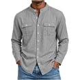 thumbnail image 3 of Shirts for Men Cotton Linen Long Sleeve Chest Pocket Button Down Shirt, 3 of 7