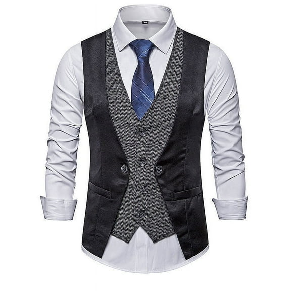 Men's Retro Spliced Fake Two Piece Sleeveless Shirt V Neck Single Breasted Waistcoat Casual Business Suit Vest