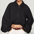 thumbnail image 5 of Lutiedan Cropped Zip Up Jacket for Women Lapel Puff Long Sleeve Pleated Coat Casual Baggy Trendy Colid Color Outerwear,Black,M, 5 of 6