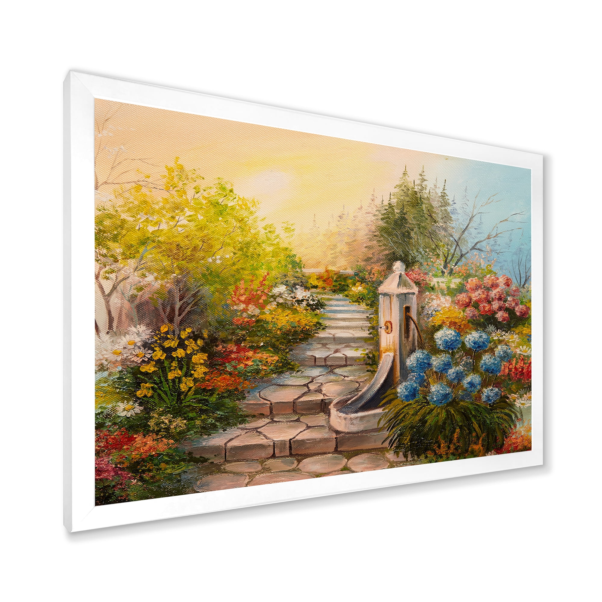 Designart 'Stone Stairs In The Blossoming Flowers Forest' Traditional Framed Art Print