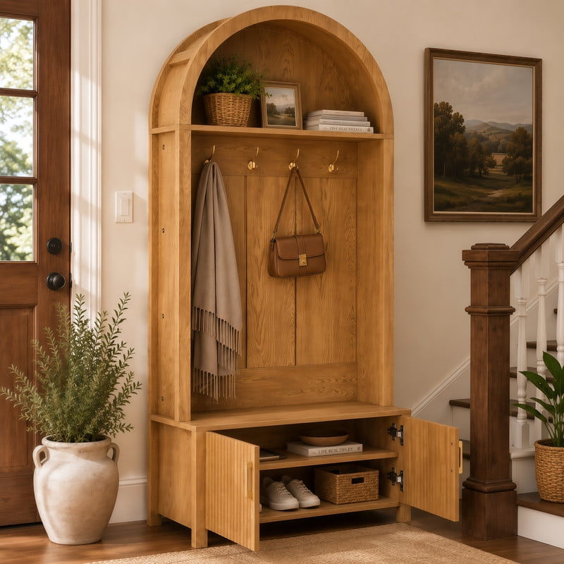 Farmhouse Style Arched Top Hall Tree, Shoe Bench with Storage Cabinet, Coat Rack Organizer with 4 Hooks and 2 Fluted Doors