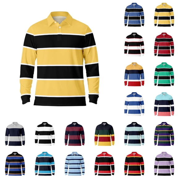Polo Shirts for Men Stripes Button Down Long Sleeve Golf Shirt Lapel Bussiness Breathable Casual Comfy Mens T Shirts Black L