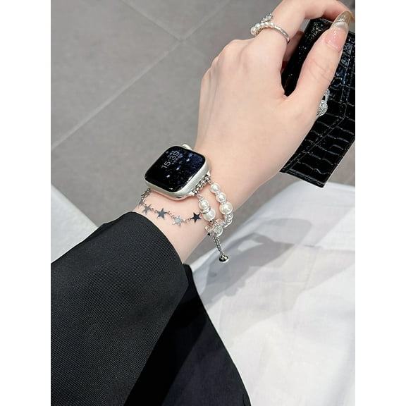 XiHAMA beaded Bracelet Band Compatible with Apple Watch 38mm 40mm 41mm 42mm 44mm 45mm 49mm, Adjustable Bling Crystal Pearl Beads Handmade iWatch Band Series 9-1 Elastic Jewelry Bangle Wristband Cute