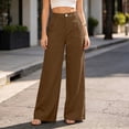 thumbnail image 2 of Women's Cotton Wide Leg Pants with Pockets, High Waist Button Loose Fit Trousers, Casual Business Travel Outdoor Work, Womens Trousers Cropped | VerBelle,Coffee L, 2 of 7