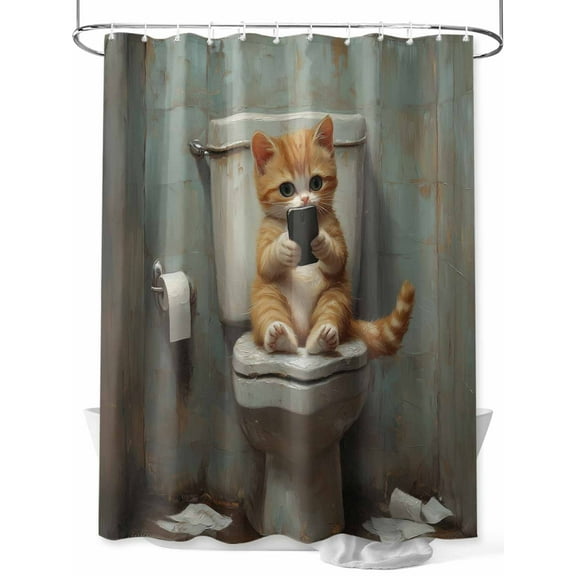 Funny Animal Shower Curtain, Kitten Sitting on Toilet Kitten Playing Phone Waterproof Shower Curtain Set with 12 Hooks Lightweight Washable Fabric Shower Curtains for Bathroom 72x72 Inches