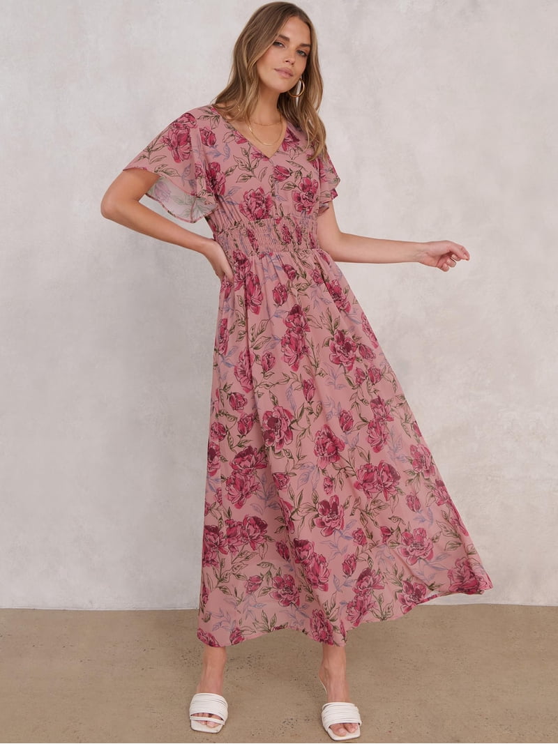 ANRABESS Women Summer Floral Maxi Dress Casual V Neck Short Sleeve Chiffon Boho Flowy Beach 2026 Wedding Guest Long Dresses Rose Red Floral M