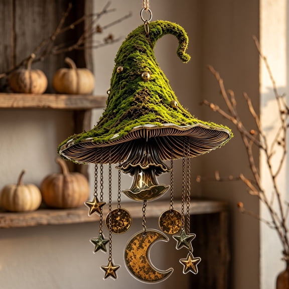 Halloween-Themed Acrylic Wind Chimes, Spooky Halloween Suncatchers Hanging Witch Hat Decor Ornament for Window Garden Yard Patio
