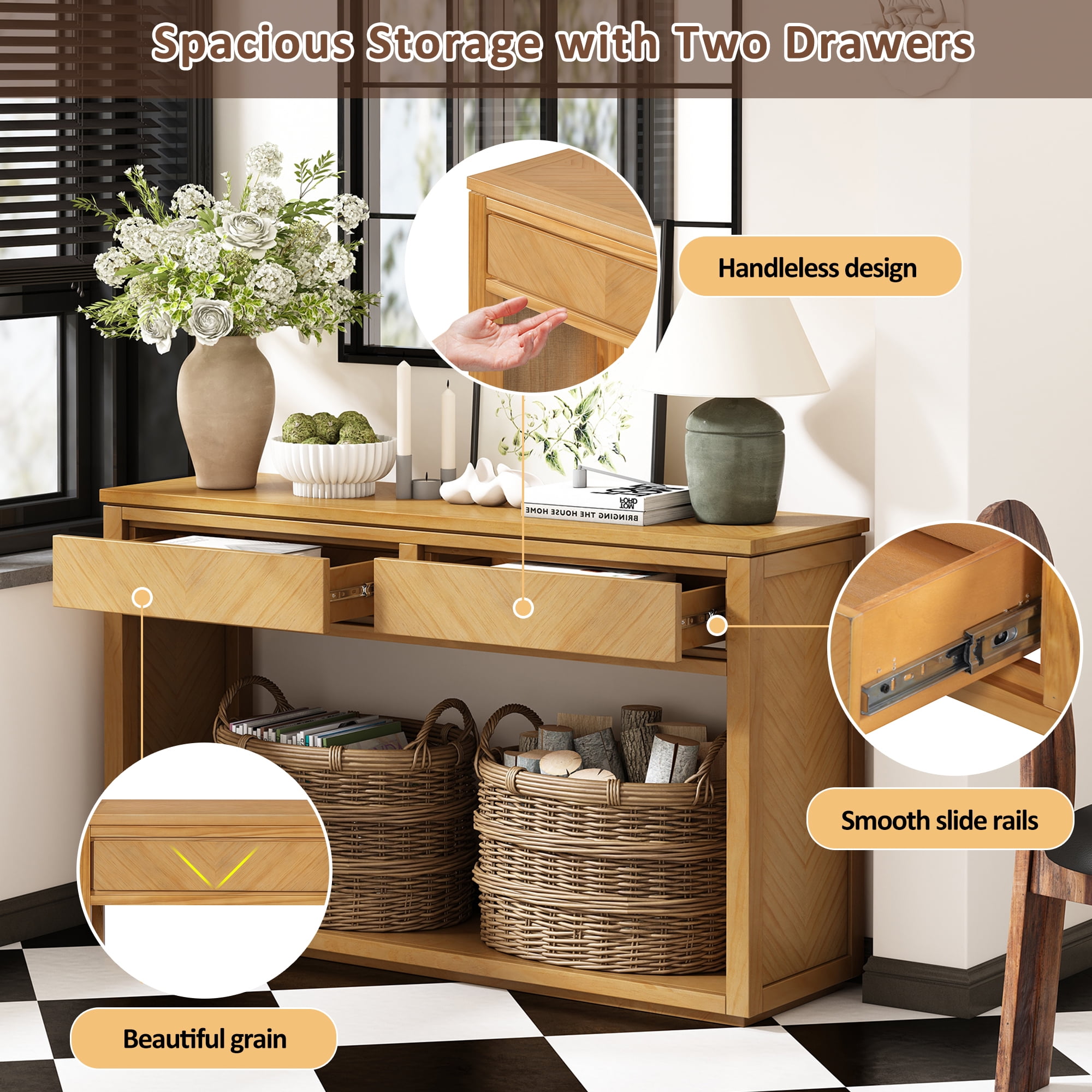 EUROCO 55" Long Console Table with 2 Drawers,Wooden Entryway Table with Open Storage Shelf, Sofa Table Behind Couch Foyer Tables for Living Room Hallway Entrance,Natural
