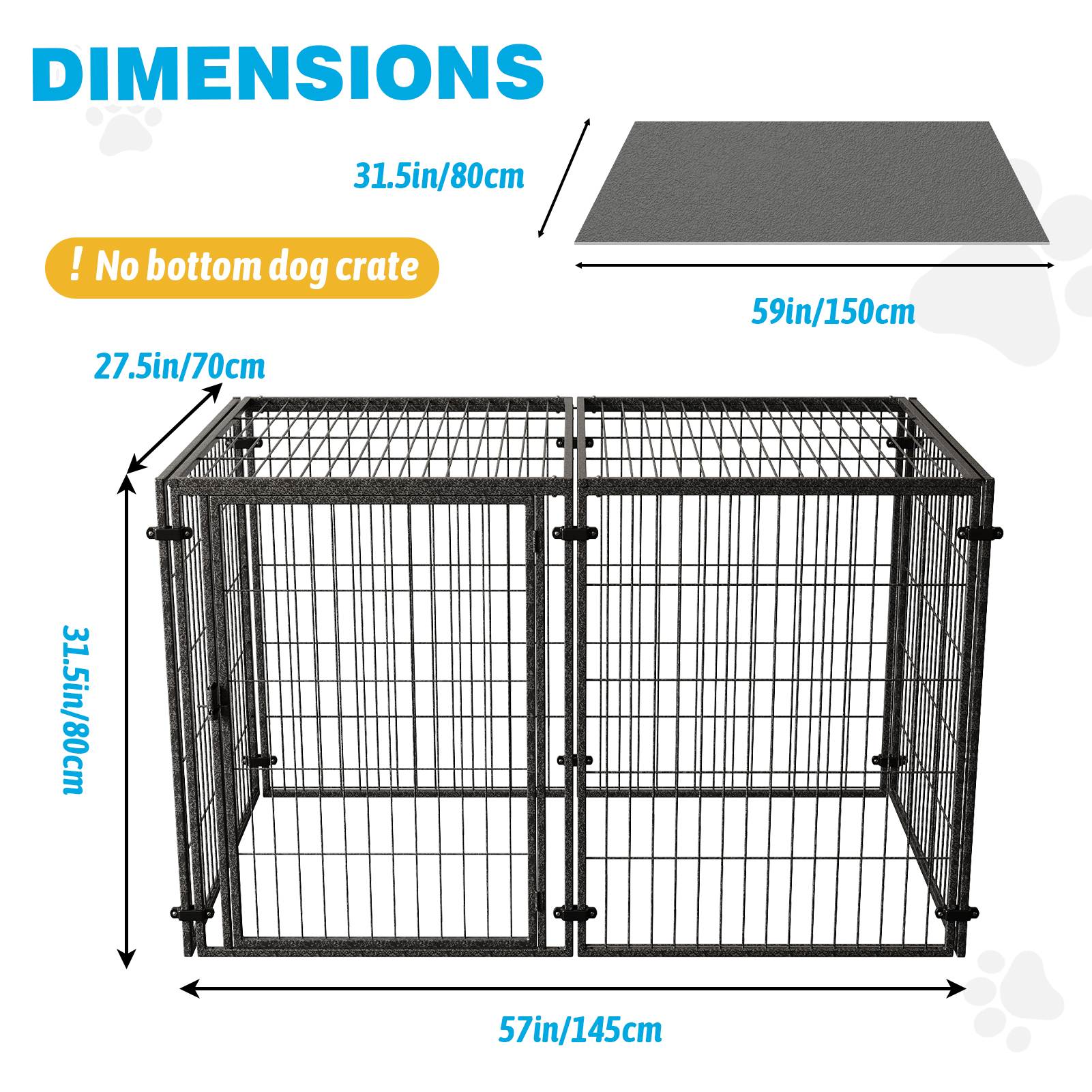 Wdmiya Large Dog Crate, 57 Inch Metal Kennel for Medium and Small Dogs, Safe Indoor & Outdoor XL Big Puppy Bottomless Cage with Comfort Mat, Pet Playpen Yard, Dog Fence Playpen, Silver