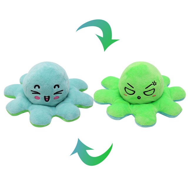 Jouet en Peluche Pieuvre Réversible Expression Double Face Poupée Pieuvre Mignonne (Bleu Clair Vert, 8 Pouces)