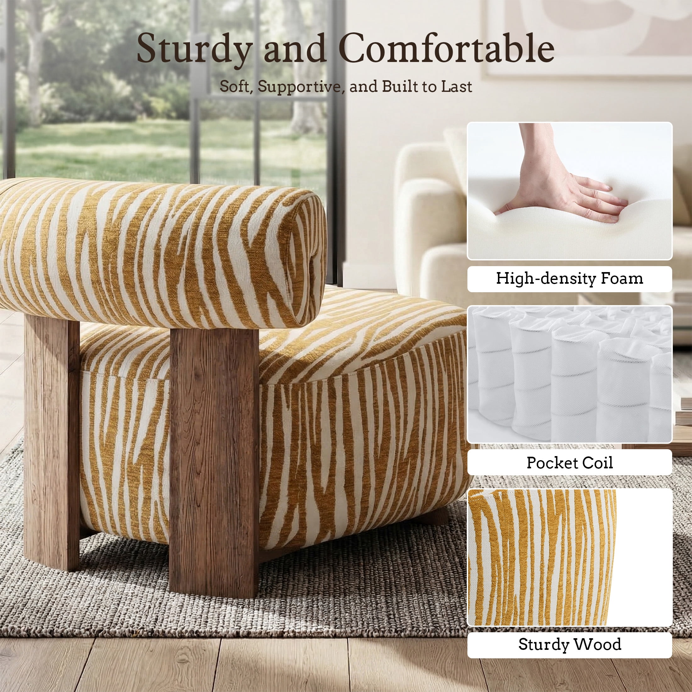 Aukfa Modern Chenille Accent Chair with Zebra-Stripe, Cylindrical Backrest for Living Room, Yellow