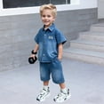 thumbnail image 2 of Bysome Boys Outfit Set Letter Print Short Sleeve Lapel Neck Tops With Solid Color Shorts Outfit Loose Fit Boys Set Size 3-4 Years Blue, 2 of 5