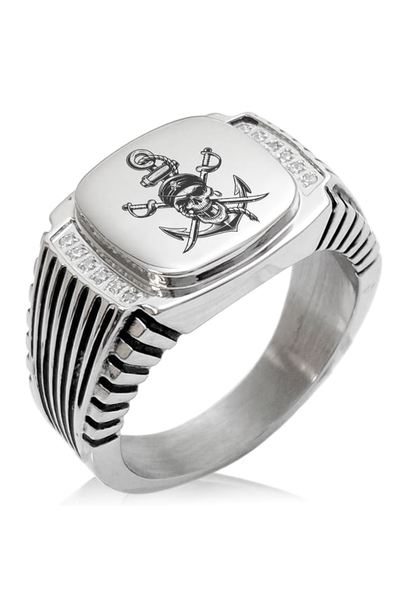 Stainless Steel Pirate Skull Anchor & Cross Swords CZ Ribbed Needle Stripe Pattern Biker Style Polished Ring