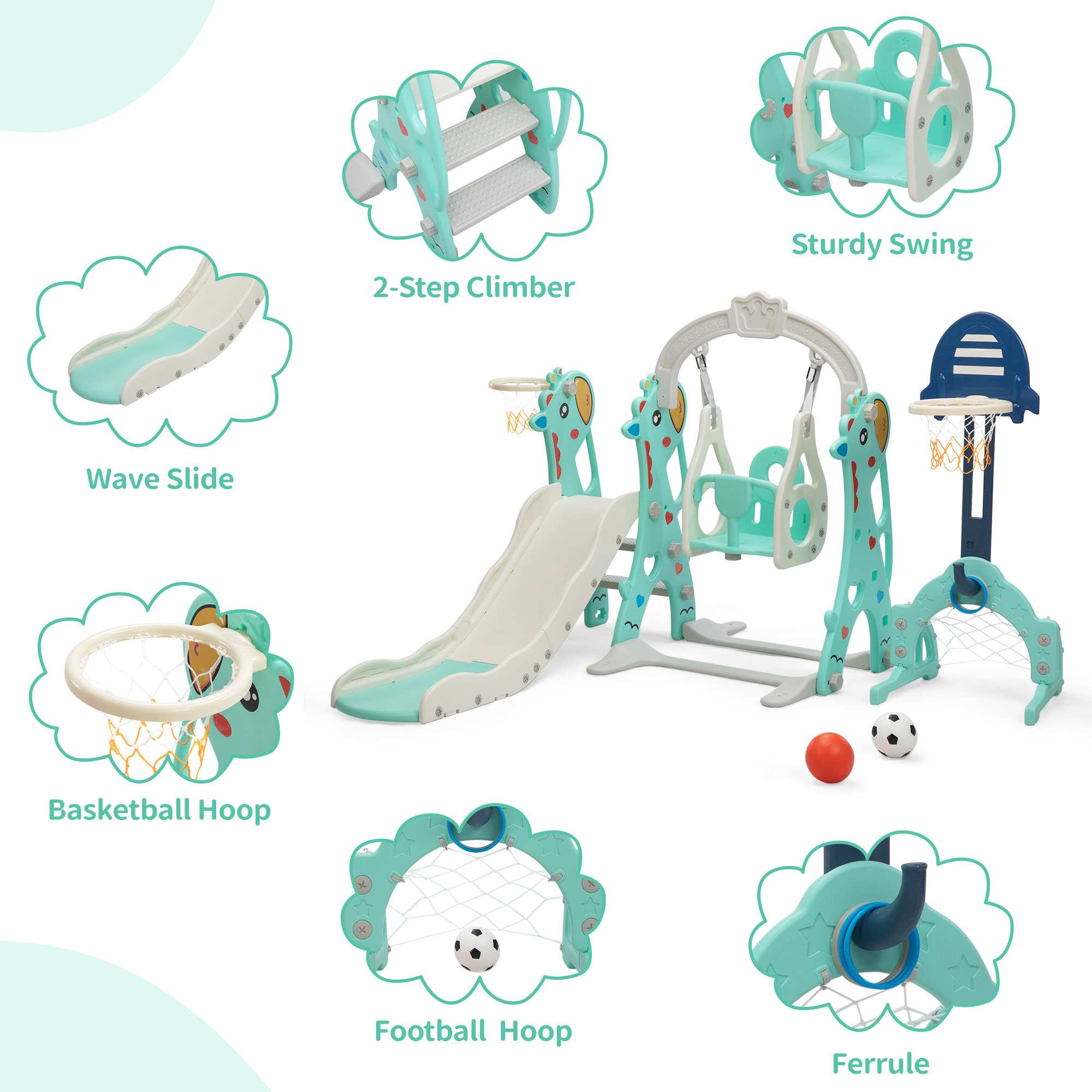 TOBBI 6 in 1 Toddler Slide Climber and Swing Playset with Basketball Hoop,Freestanding Indoor Outdoor Backyard Slide for Kids age 1-8