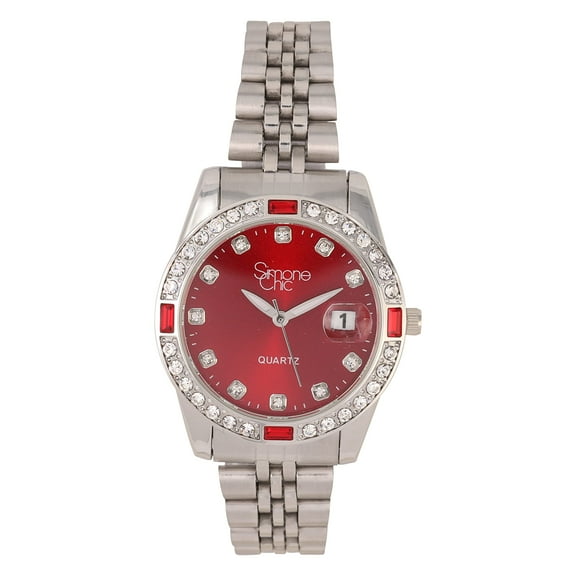 Women's Diamond & Gem Pave Fashion Rolly Timepiece - Colorful Dial w/Date and w/Matching Baguette Bling on Watch Trim - Look Like Da Bomb, When You Dance, Aye! - ST10415 Silver Blood Red