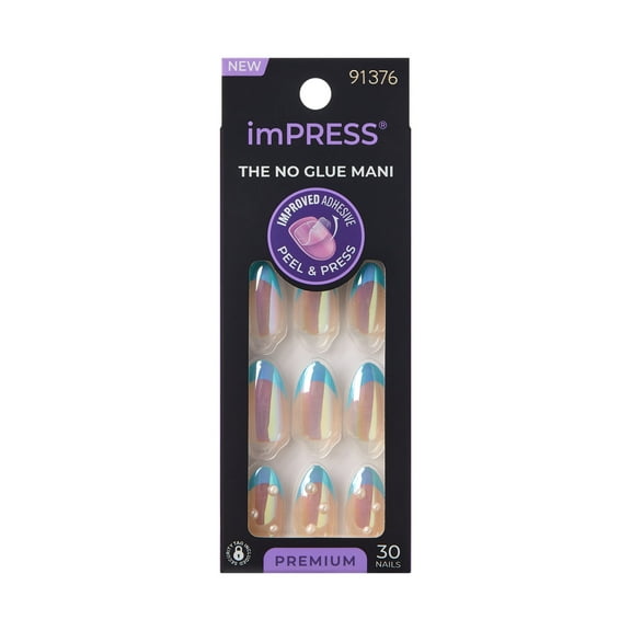 KISS imPRESS Premium  Press on Nails, Best Life, Blue, Medium Almond, 30 Count