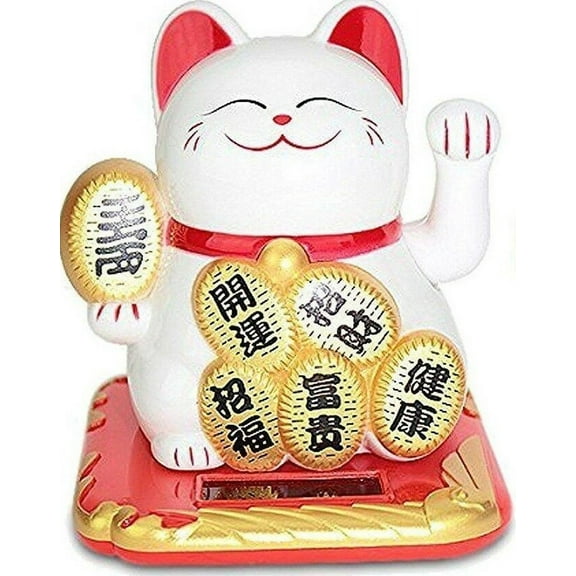 Small White Fortune Happy Cat Maneki Neko Solar Toy Home Decor Gifts B11853