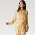 thumbnail image 4 of Women's Satin Pajama Set with Golden Botanical Print Long Sleeve Button Up Top and Relaxed Fit Pants - Medium, Yellow, 4 of 7