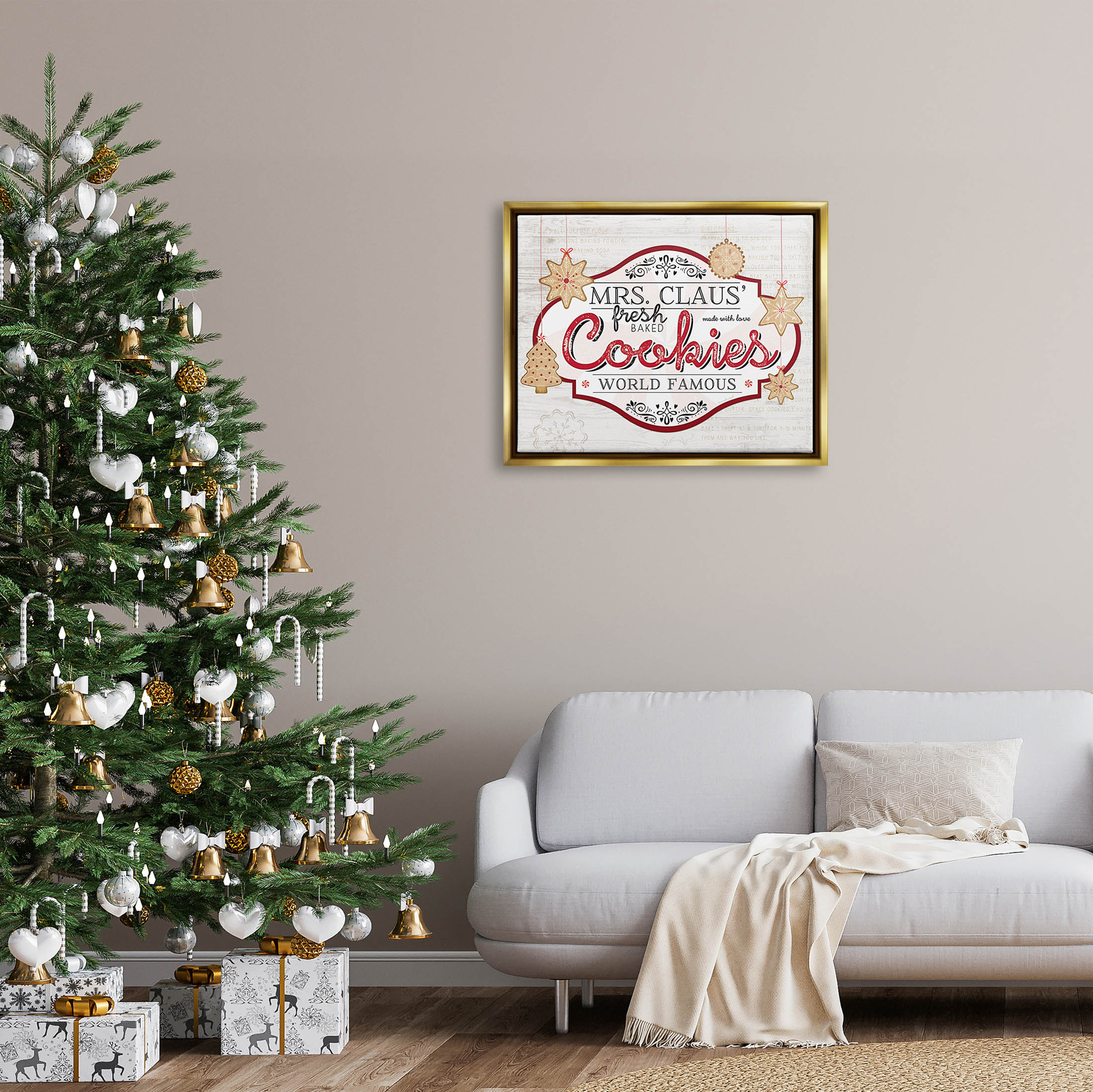 Stupell Industries Vintage Mrs. Claus Cookies Sign Graphic Art Metallic Gold Floating Framed Canvas Print Wall Art, Design by Jennifer Pugh