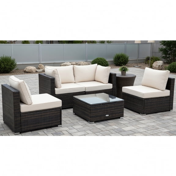 GVN 5 Pieces Cushioned Patio Rattan Furniture Set with Glass Table-White, Outdoor Sofa Sectional , Coffee Table for Patio Back Deck, Balcany, Poolside