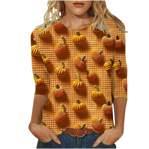 Raeneomay 3/4 Length Sleeve Womens Tops Halloween Print Loose and Comfortable Round Neck T-Shirt Loose Tops