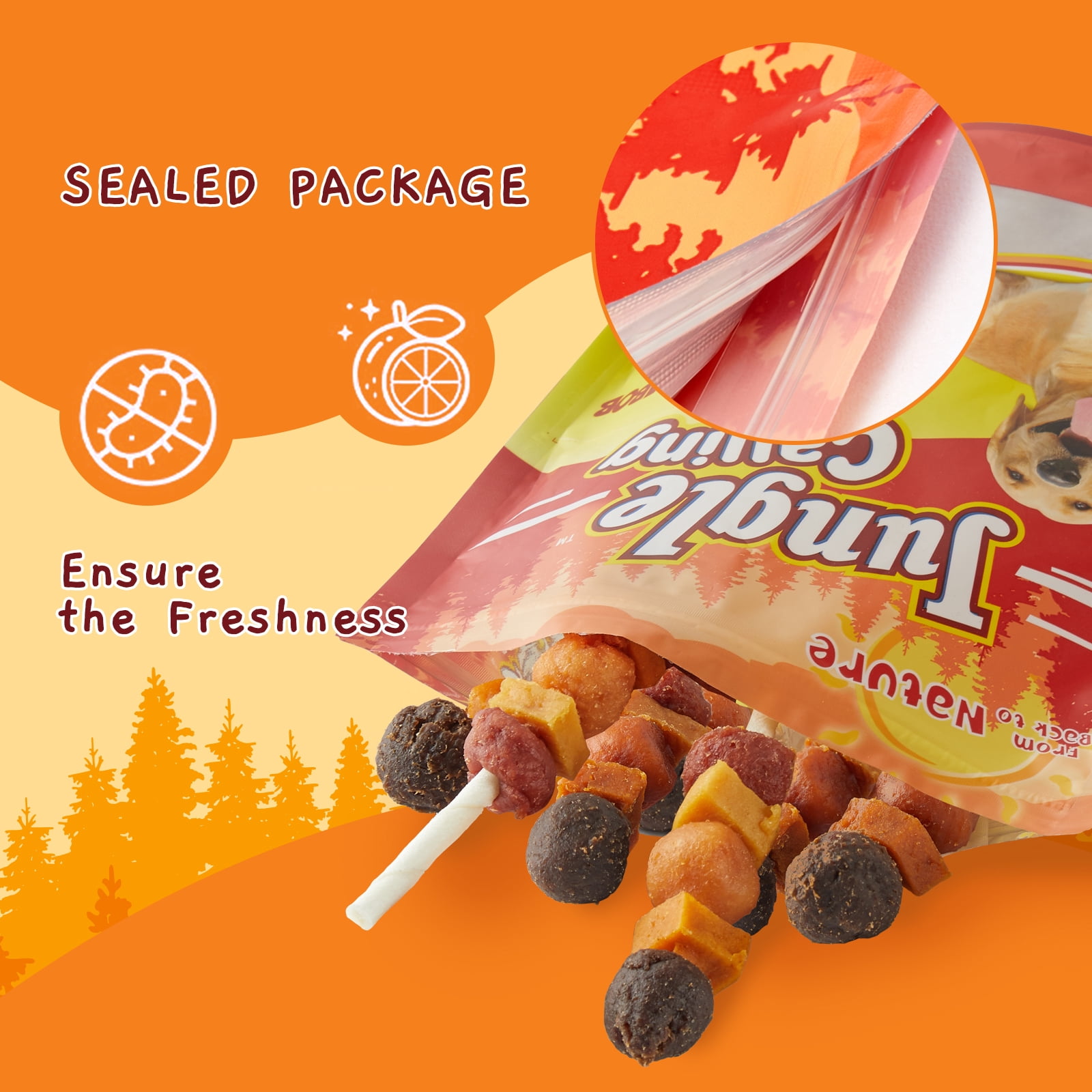 (3 pack) Jungle Calling Chicken, Duck, Beef, Sweet Potato & Pumpkin Rawhide Kabob Dog Treats, 14-oz bag