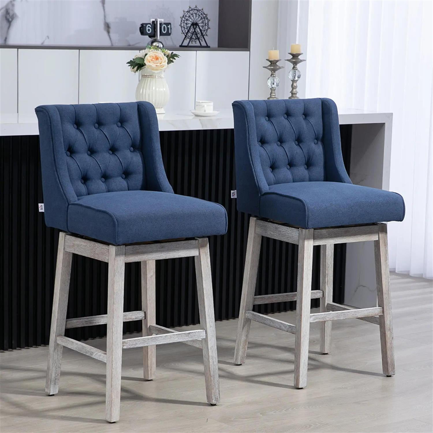 Demi Bonn 180 Degree Swivel Bar Stool Set of 2, Modern Cushioned Bar 30" Seat Height Stool with Button Tufted Back and Solid Wood Legs, Blue