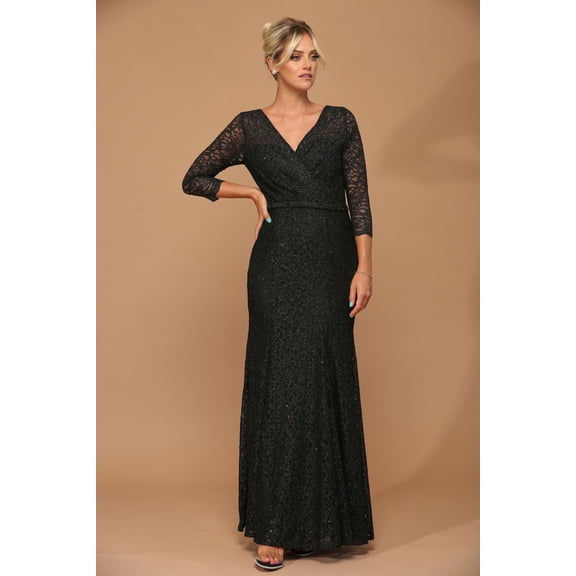 Women's Eva USA 3450 Long 3 4 Sleeve Mother Of Groom Lace Dress Black 3XL