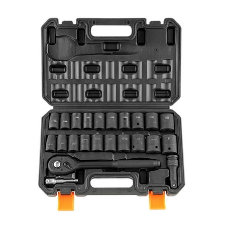 BENTISM 1/2" Drive Impact Socket Set, 23 PCS Standard SAE (7/16" -1") & Metric (13-24 mm) Sizes, Deep & Shallow Kit, 6 Point Cr-V Alloy Steel Includes Adapters & Ratchet Handle & Storage Case