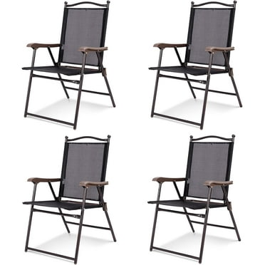 Patio Folding Chairs, Set of 4 Adjustable Heavy Duty Reclining Chair, Portable Sling Dining Chairs w/Armrest Metal Frame, Indoor Outdoor Lawn Chairs for Garden, Porch, Pool, Balcony (Black)