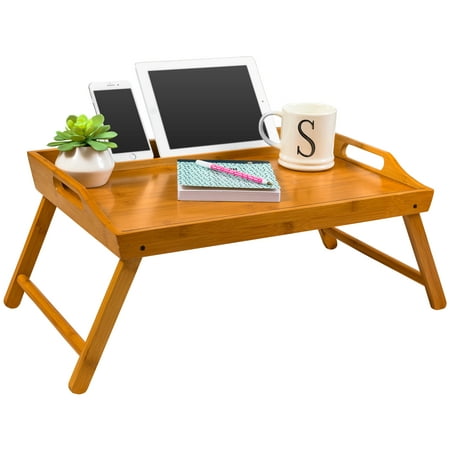 Media Bed Tray / Breakfast Table with Phone/Tablet Holder - Natural Bamboo (Fits up to 12.9