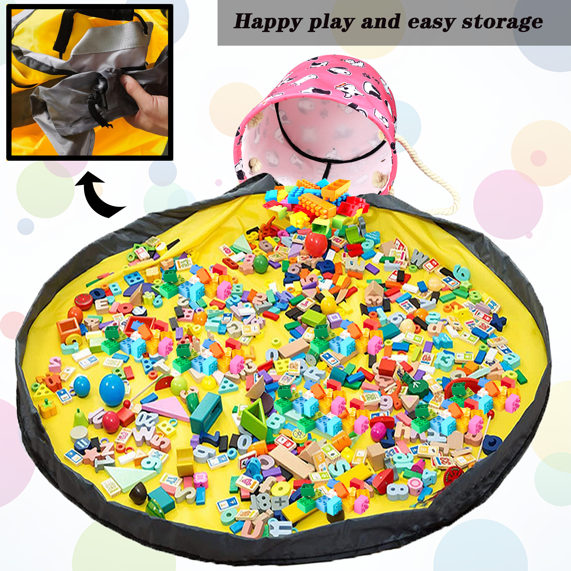 NIETEIN Kids Toy Storage Basket with Play Mat for Building Bricks Collapsible Canvas Organizer Bag (Pink Dog)