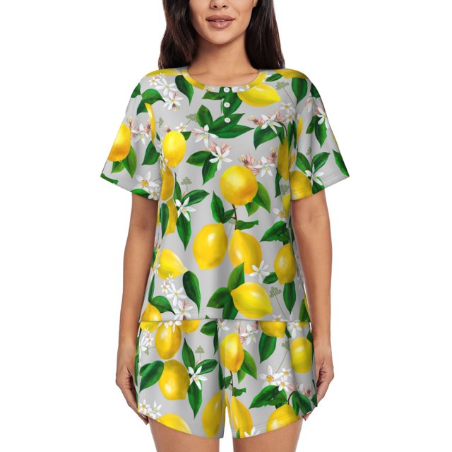Balery Lemon1 Conjunto de Pijama para Mujer con Estampado, Dos Piezas de Manga Corta y Shorts, Ropa de Dormir Suave con Cuello Redondo y Bolsillos-4X-Large