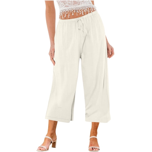Yuyuzo Wide Leg Pants for Women High Waist Cotton Linen Drawstring Ruched Solid Color Boho Beach Trousers
