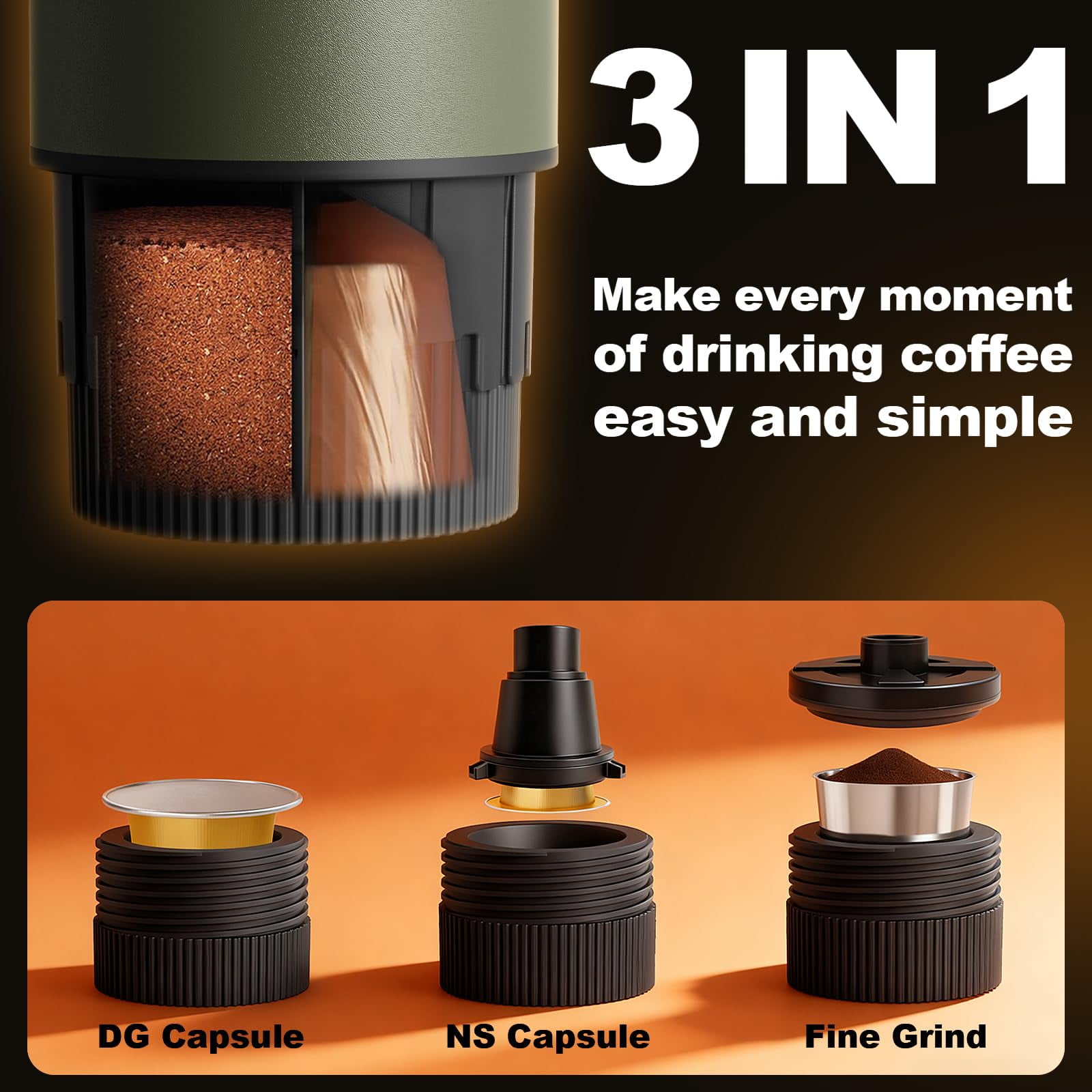GVODE Portable Espresso Machine, Self-Heating 3-in-1 Portable Coffee Maker, 20 Bar Electric Travel Espresso Maker for Capsules & Ground Coffee, Green