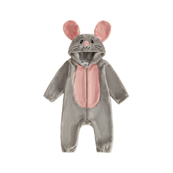 Cjfdfy Toddler Baby Boy Girl Halloween Animal Costume Clothes Grey Mouse Long Sleeve Zip Up Hooded Romper Cute My First Halloween Fall Winter Costume 0-3Y