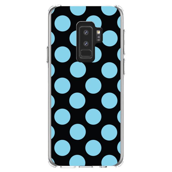 DistinctInk Clear Shockproof Hybrid Case for Samsung Galaxy S9+ PLUS (6.2" Screen) - TPU Bumper, Acrylic Back, Tempered Glass Screen Protector - Black Blue Polka Dots