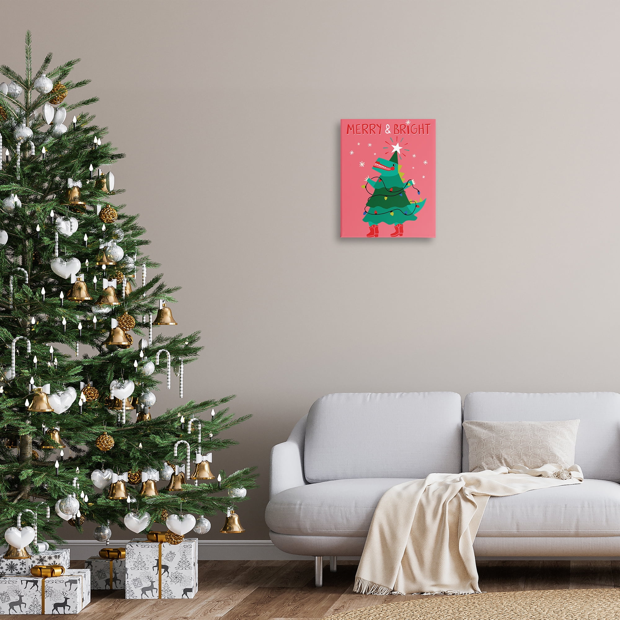 Stupell Industries Merry and Bright Dinosaur Holiday Painting Gallery Wrapped Canvas Art Prints Wall Art, 16 x 20